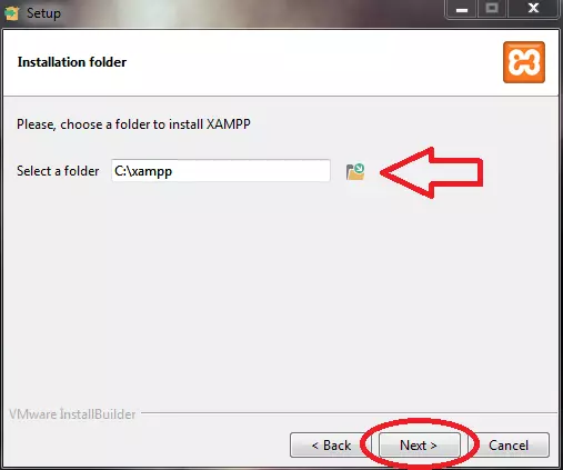 select location of installation xampp