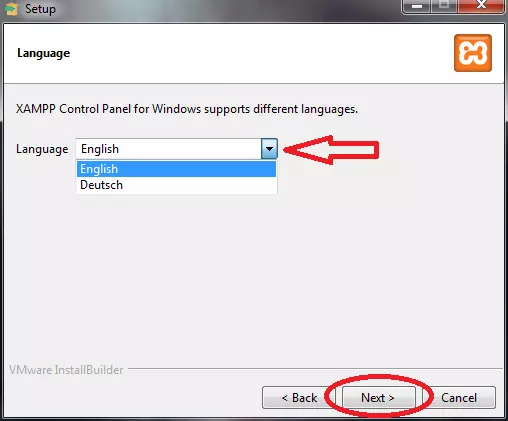 selecting of language of xampp installation