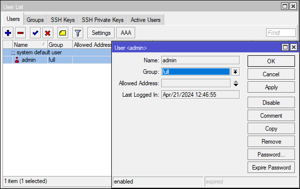 "admin" and double-click