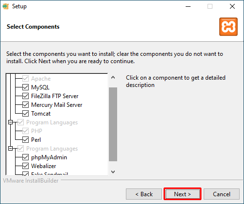 XAMPP installation components selection screen