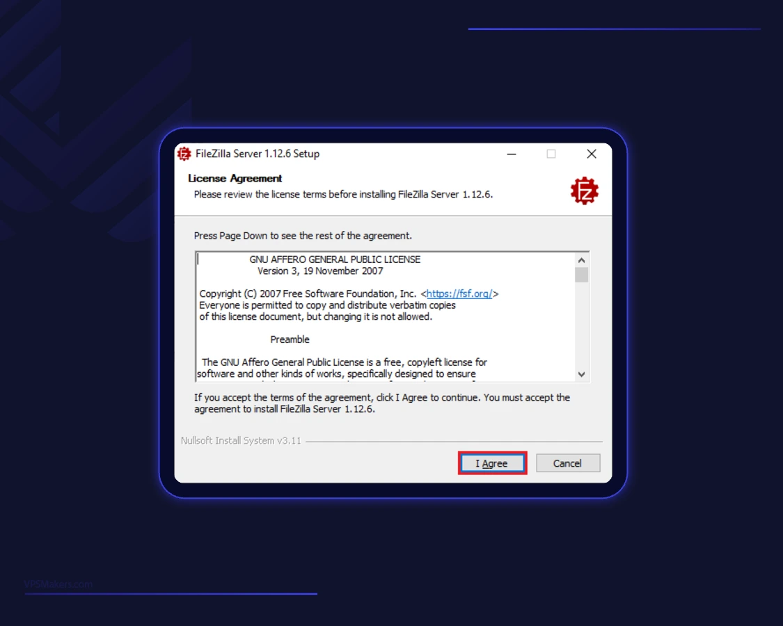 Accept the FileZilla licence and agreement while installing it