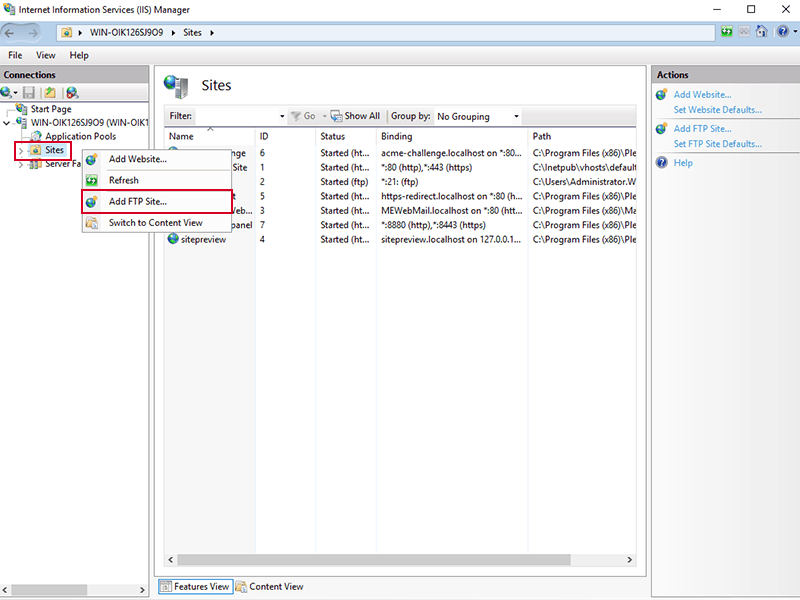 Add FTP Site in IIS manager in windows server