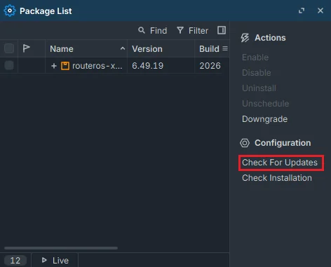 Check for Updates option in packages menu on MikroTik