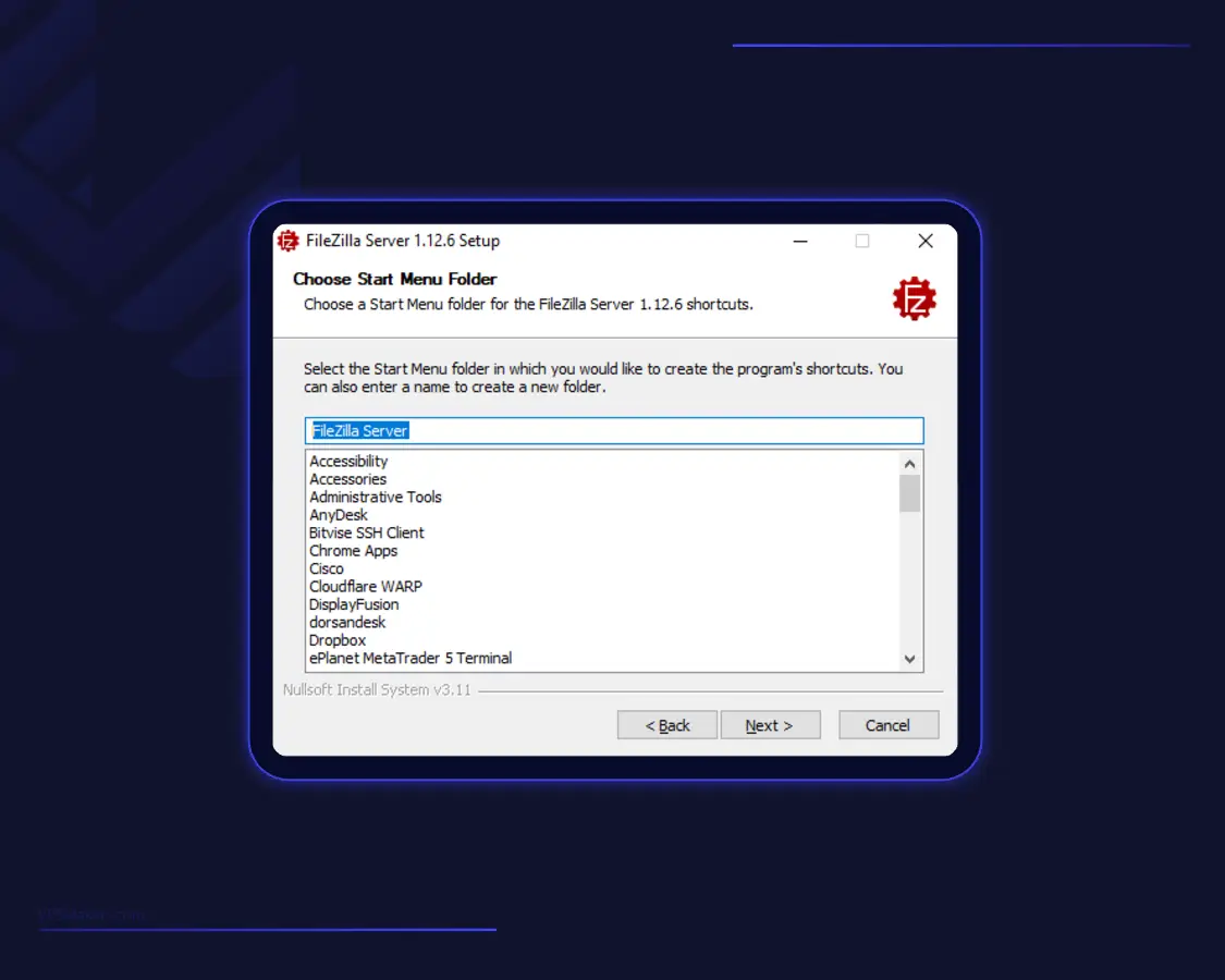 Choose a name for FileZilla Folder in Start Menu