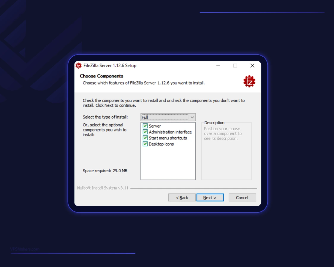 Choose Filezilla components and features you want to install