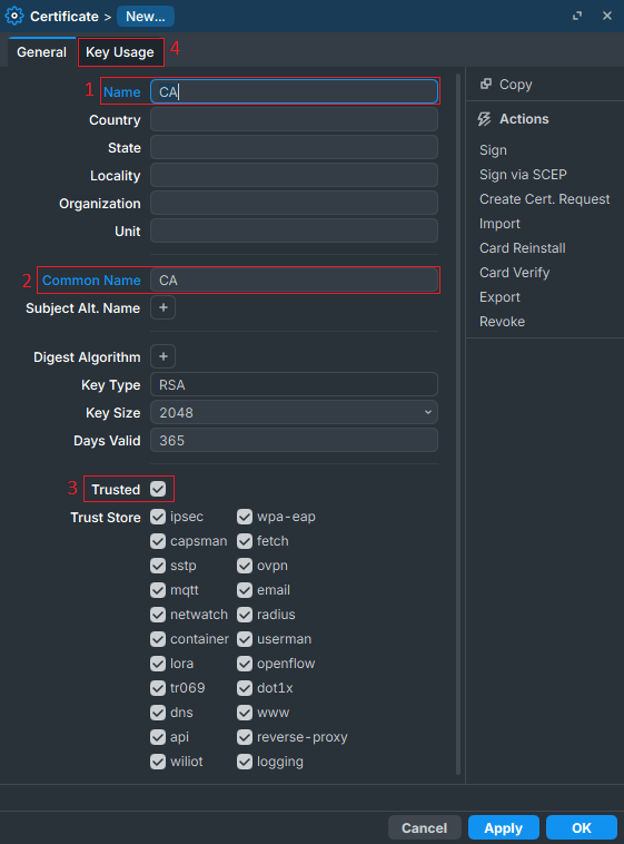 Create CA certificate in MikroTik for OpenVPN