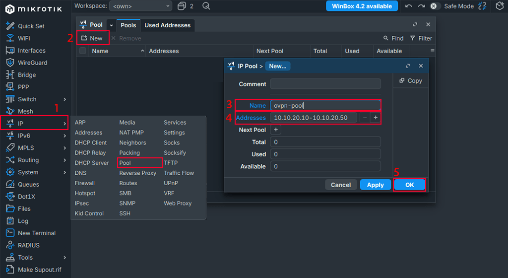 Create IP Pool for OpenVPN in MikroTik