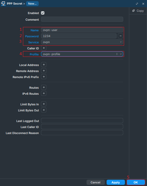 Create PPP sercret for OpenVPN in MikroTIk