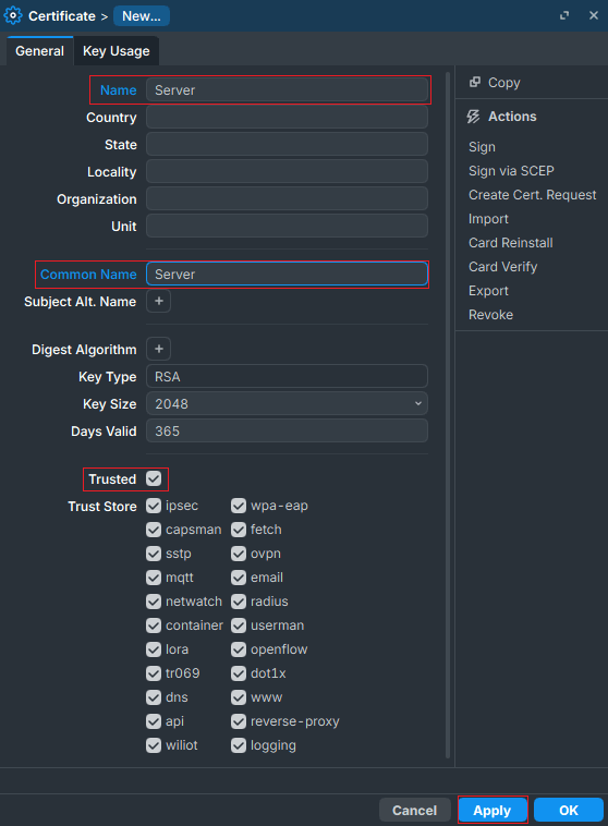 Create Server Certificate in MikroTik for OpenVPN
