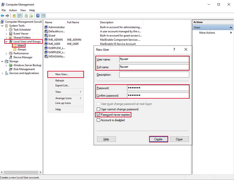 Create new use in windows server for ftp server