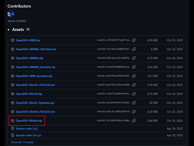 Download OpenSSH zip file form github