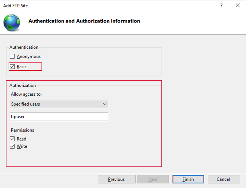 FTP Server authentication setting in windows server