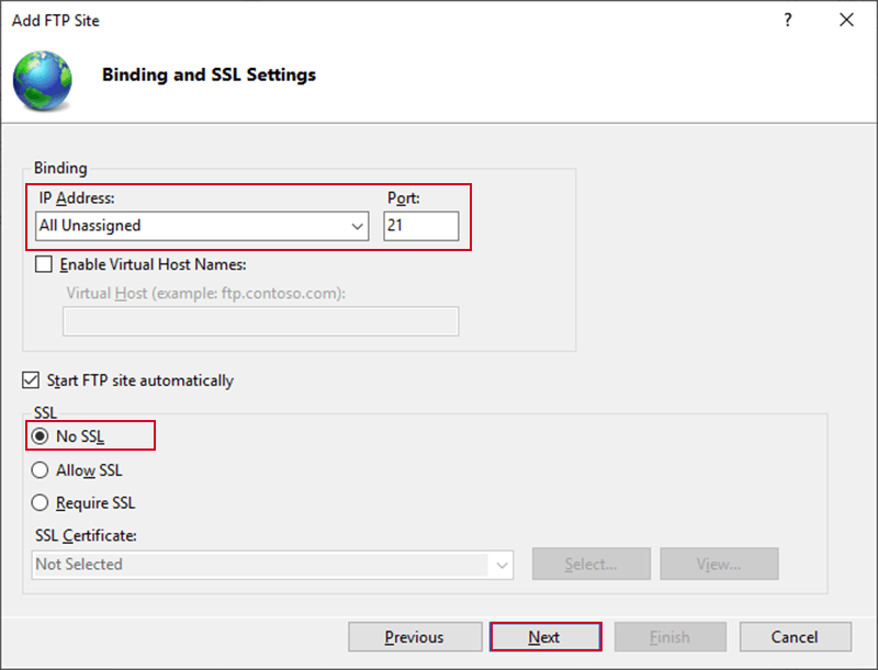 FTP Server binding and SSL Setting