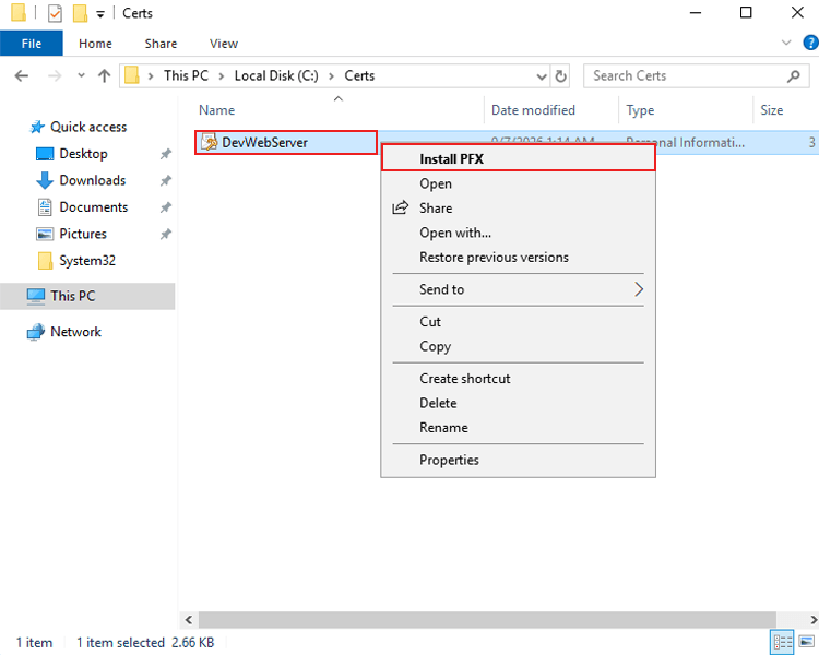Install pfx certificate