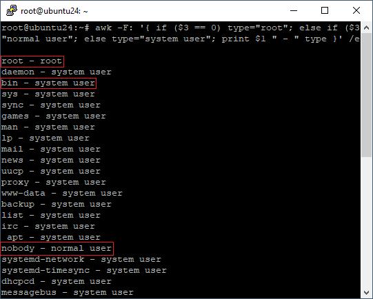 List all users corresponding their types in linux ubuntu server