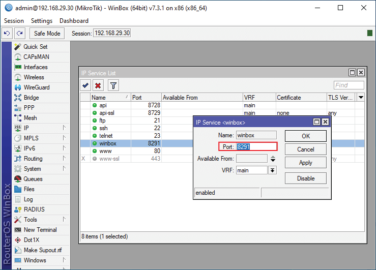 MikroTik service list settings page in WinBox