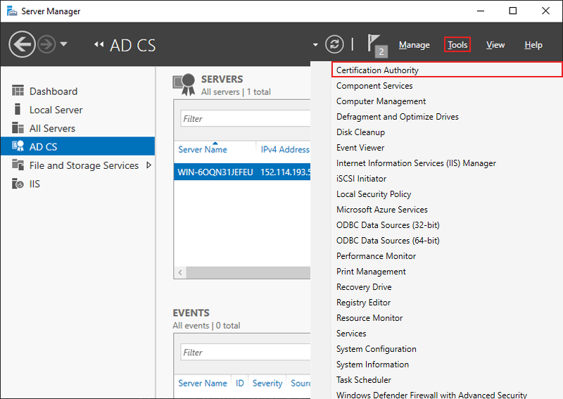 Navigate to CA on Server Manager