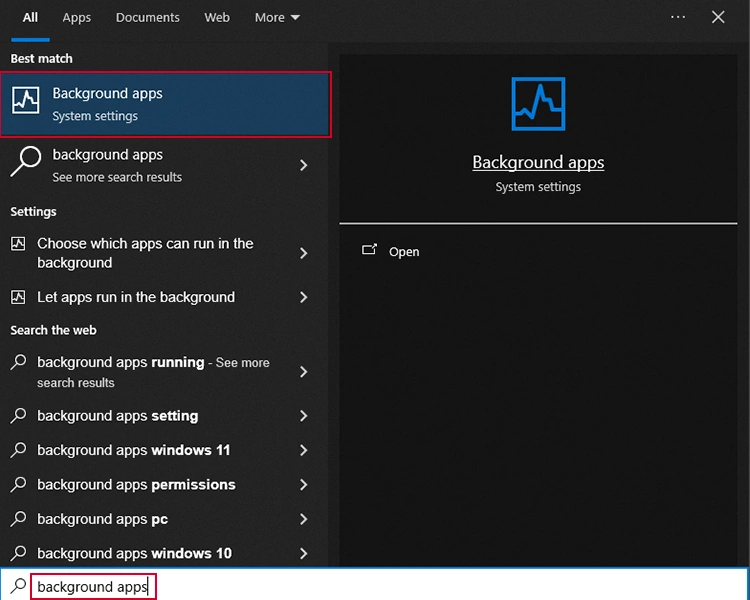 background apps setting in Windows