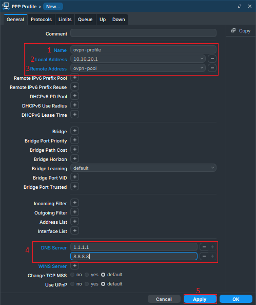 PPP profile Configuration for OpenVPN in MikroTIk