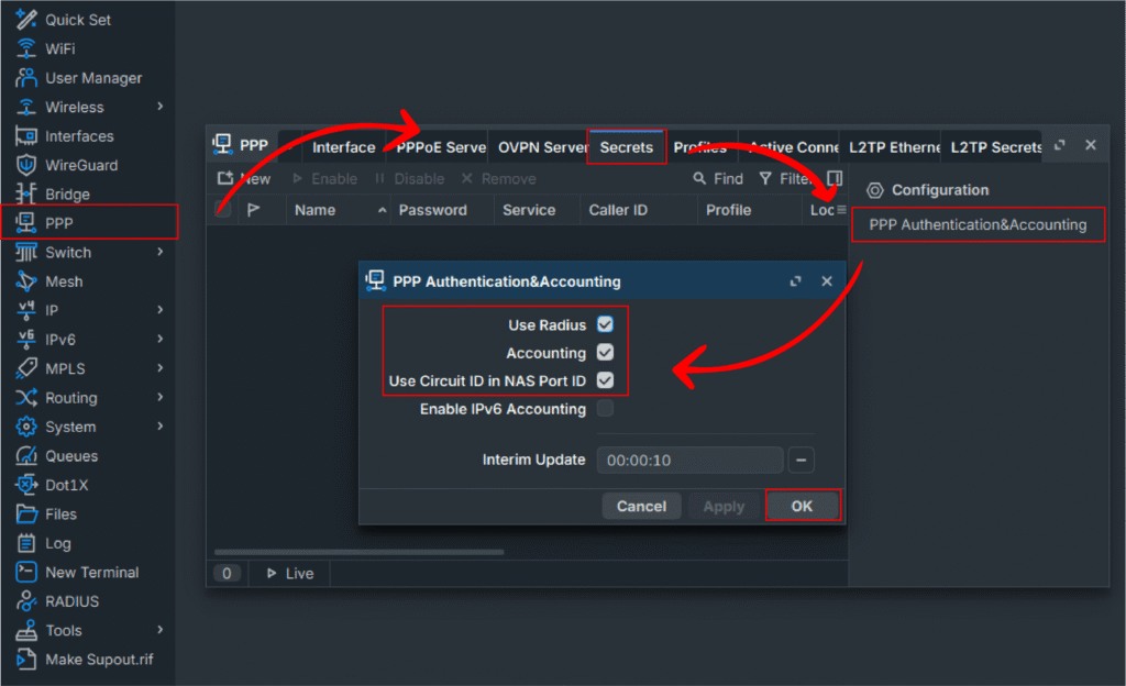 PPP enabling RADIUS server authentication