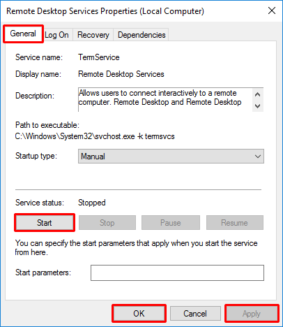 Remote Desktop Service Restart (General tab)