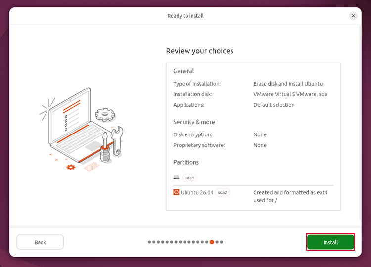 review Ubuntu installation settings on VMware