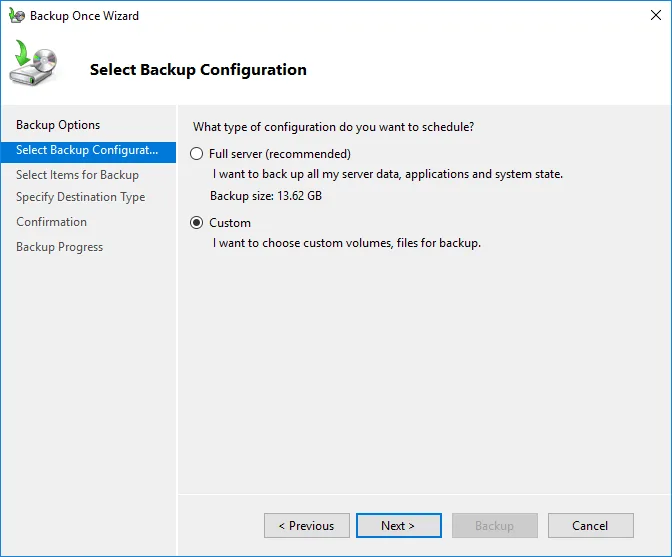 backup from Windows VPS (Select Backup Configuration)