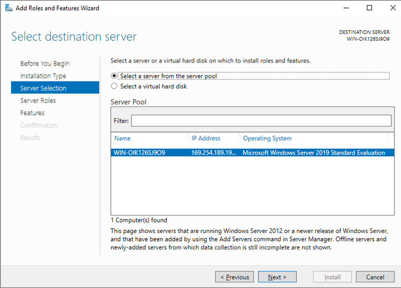 Destination server to add role on it in windows server 