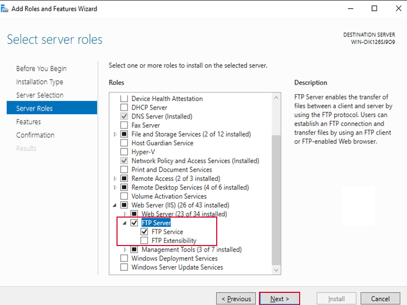 Select FTP Server Role in Windows IIS Section to install on Windows server