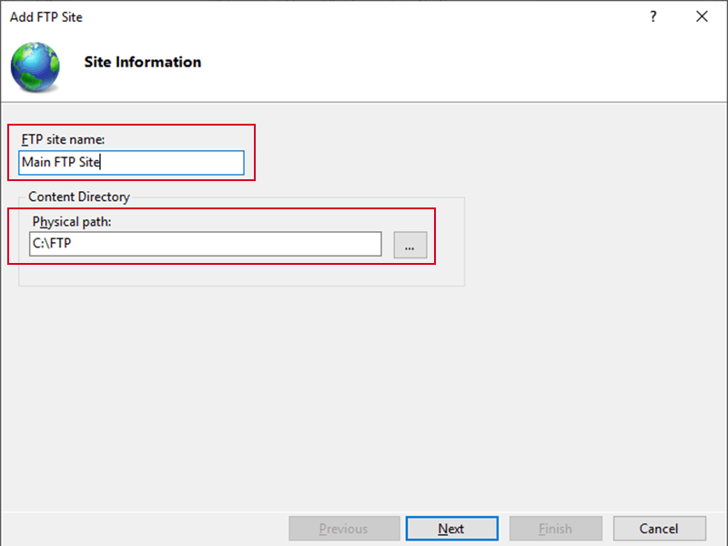 FTP Server destination folder and name in windows server FTP Server binding 