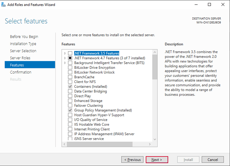Select the featuers to install in windows server