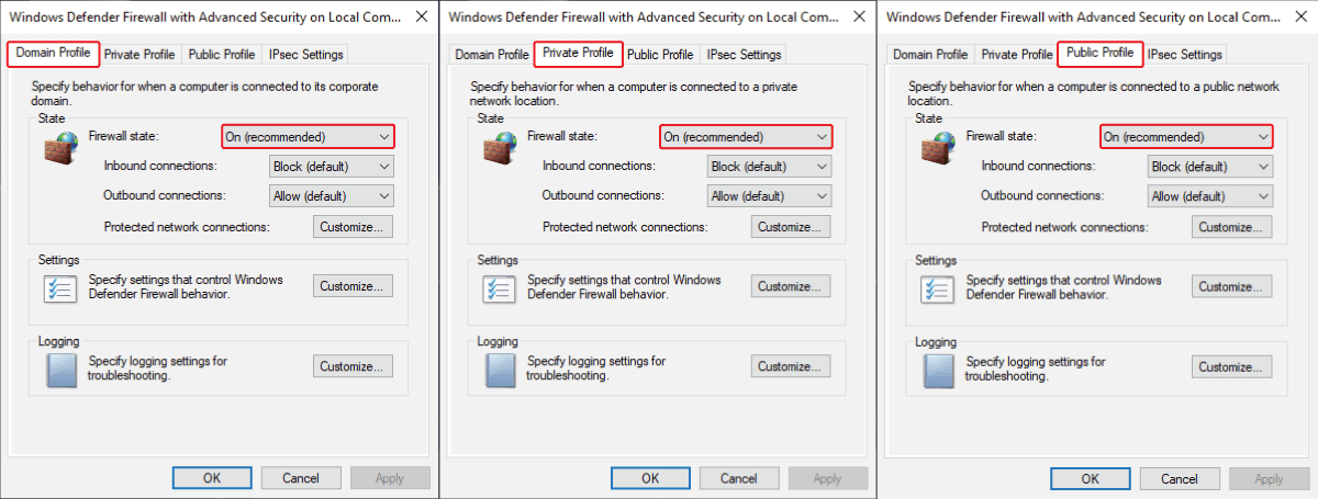 Turn on the firewall profile for different sections