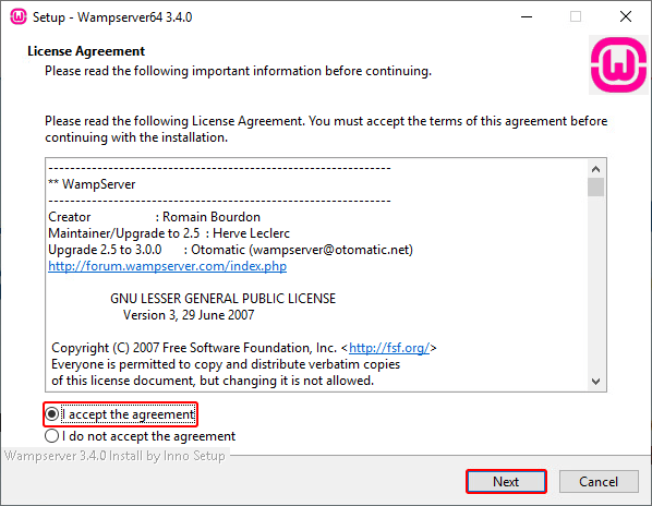 WampServer setup window