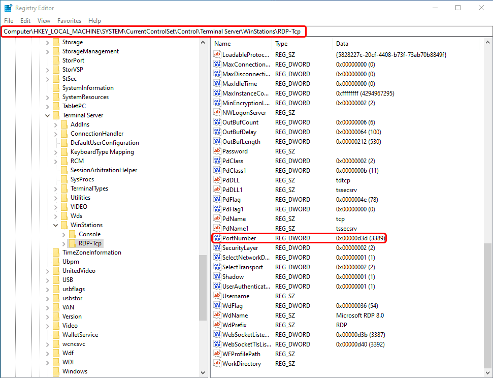 Change the RDP port (Registry Editor RDP-Tcp subkey)