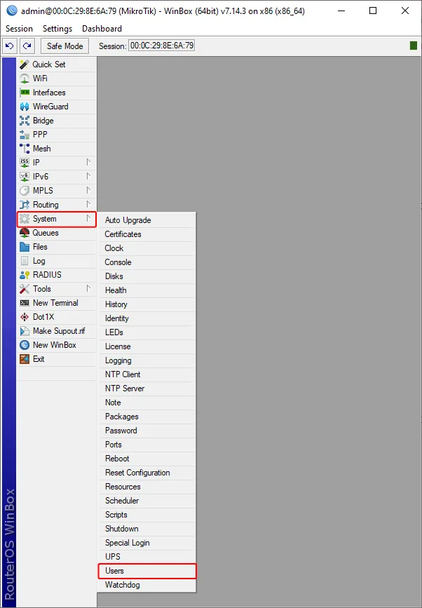 "System" and "Users" area in Mikrotik