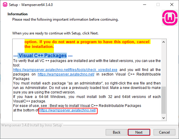 WampServer setup window