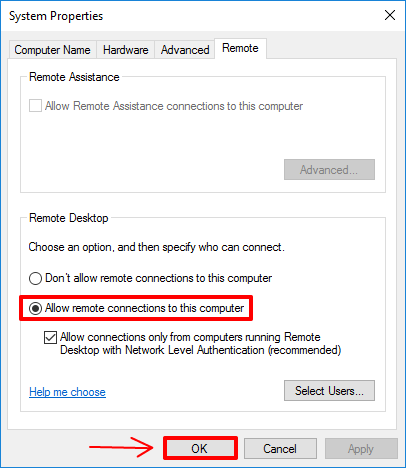 Allow remote connections to this computer