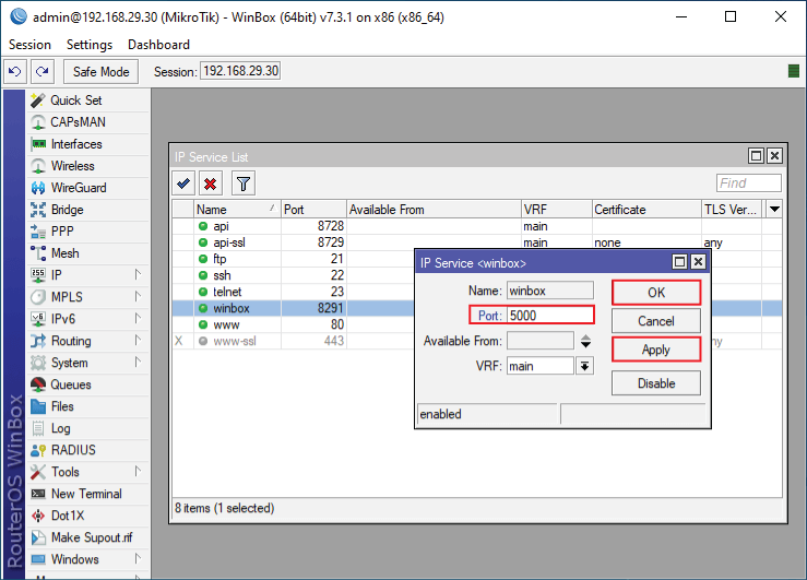 Winbox service settings page in MikroTik 