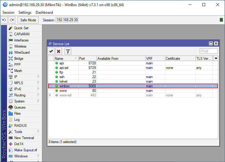 Winbox service settings page in MikroTik 