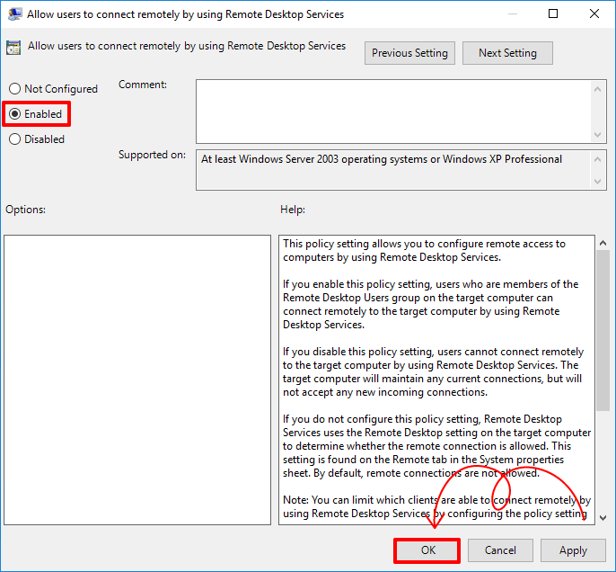 Allow users to connect remotely by using Remote Desktop Services