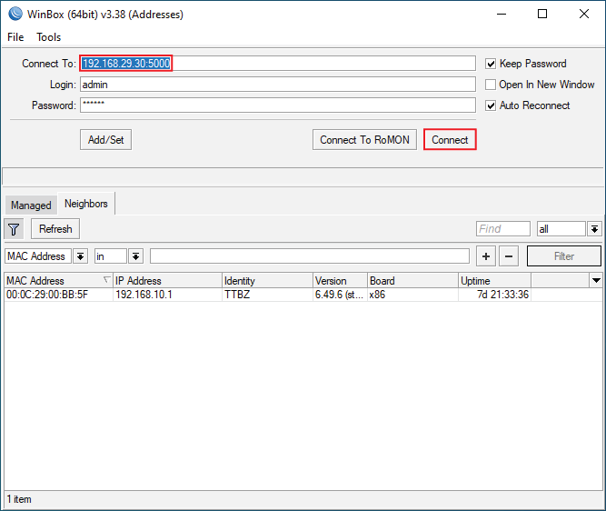 WinBox connection window to MikroTik 