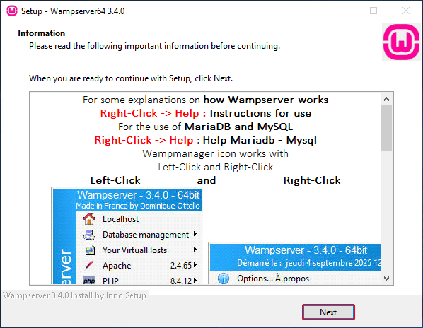 WampServer setup window