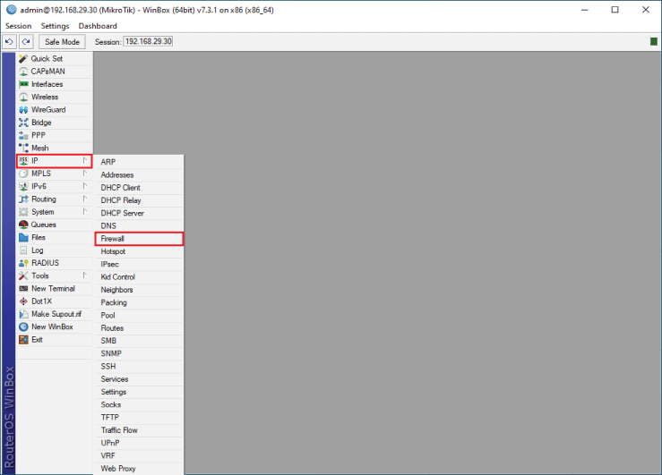 WinBox settings page in MikroTik with sections like Interfaces, IP, System, and Tools