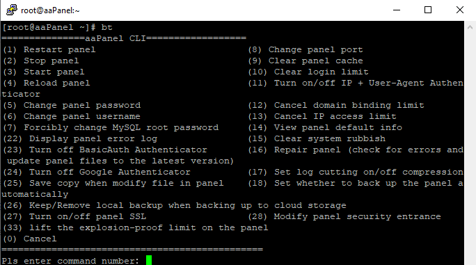 aaPanel cli configuration