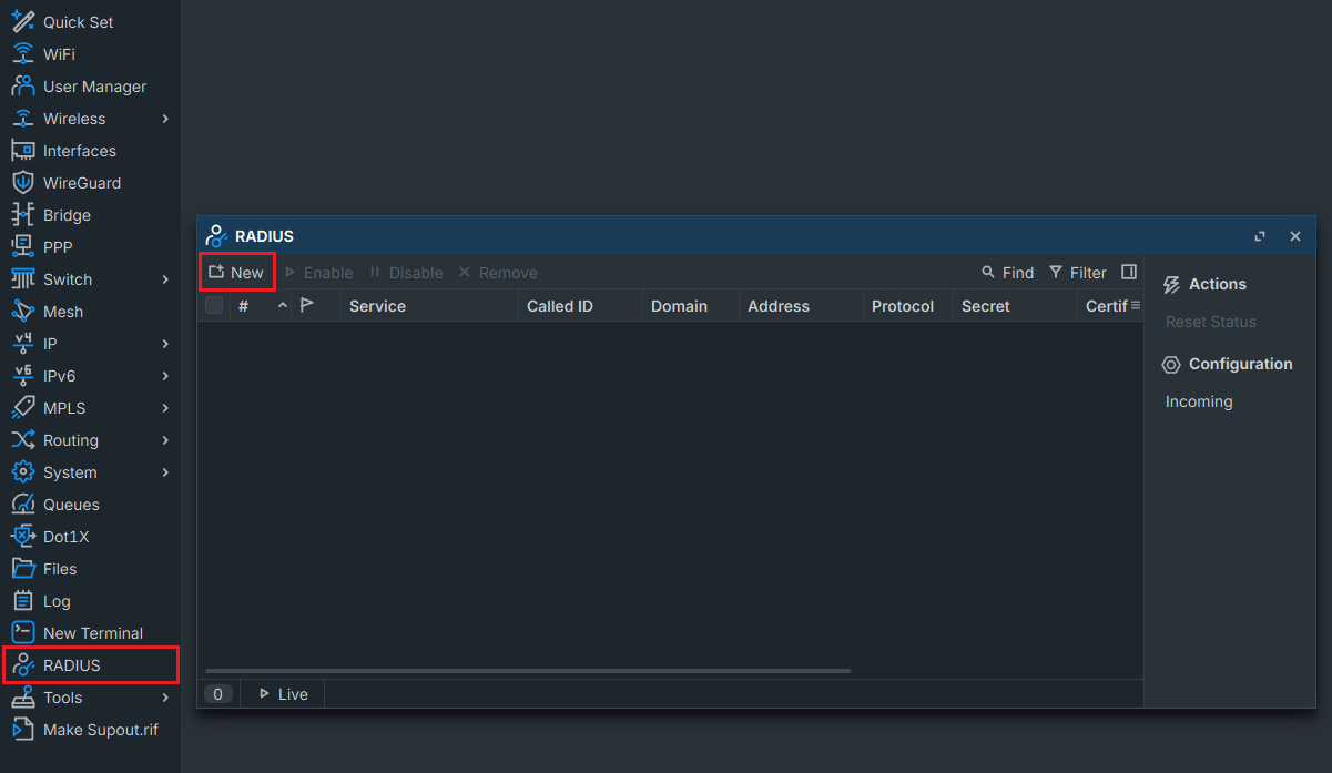 click on RADIUS then click on new button to add new radius server