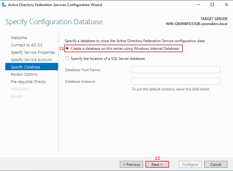 database configuration for ADFS