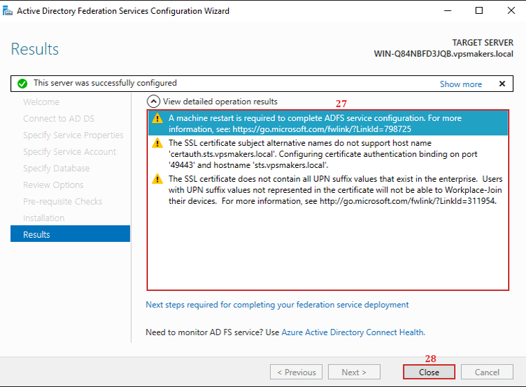 adfs post configuration result