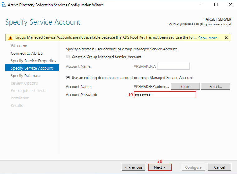 adfs post configuration specify account