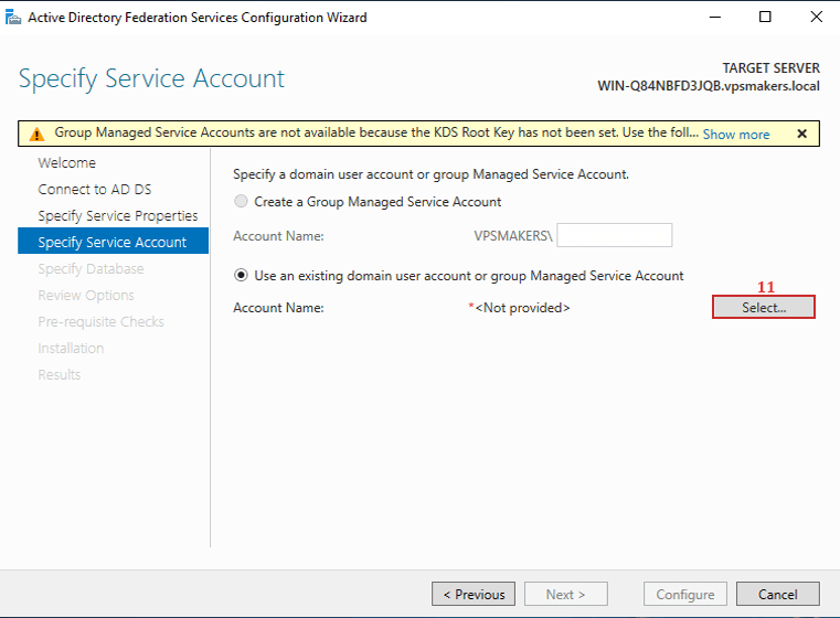 adfs post configuration specify account