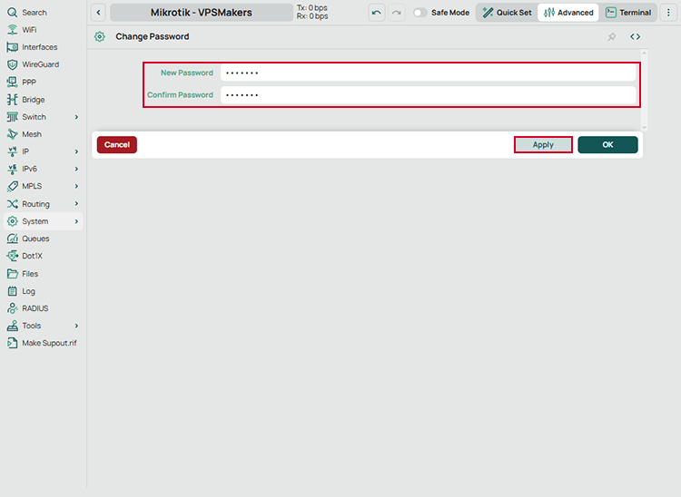 change user password in mikrotik using webfig